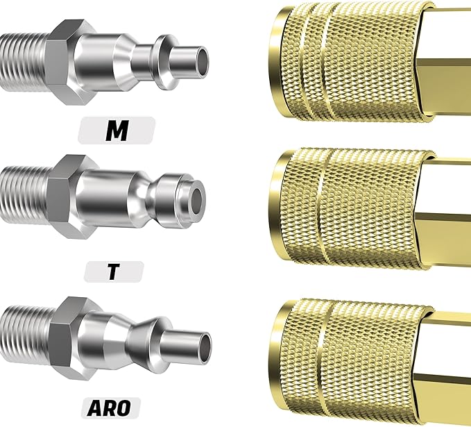 Air Coupler with 3/8 Hose Barb, Industrial M-Type, 1/4 Inch Body Size, Brass Material, 10 Pieces Air Compressor Hose Fittings