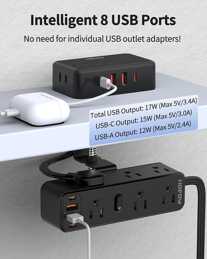 Dual Layer Desk Clamp Power Strip with 13 AC Outlets 8 USB (4 USB C), Fit 2.75" Tabletop, Desktop Edge Mount Surge Protector (1700J), 10 Ft Extension Cord for Office Home, Black