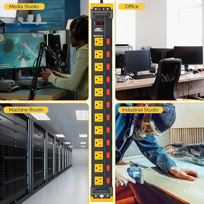 CRST 12 Outlets Long Power Strip, 9 FT Cord Metal Surge Protector Power Strip with Individual Switches, Wall Mount Power Strip with Cord Manager, 1020J, 15Amp/1875W for Garage,Workshop, Office, Home
