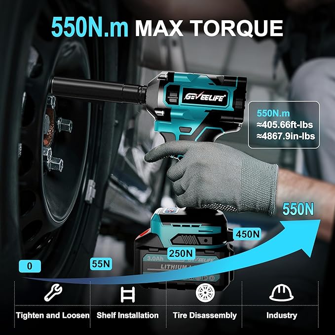 550N.m/400Ft-lbs Brushless Impact Wrench,1/2" Cordless Impact Gun w/ 2x3.0Ah Battery & 6 Sockets, 2450RPM Power Electric Impact Driver for Car/DIY Furniture/Lawn Mower, Blue Toolbox