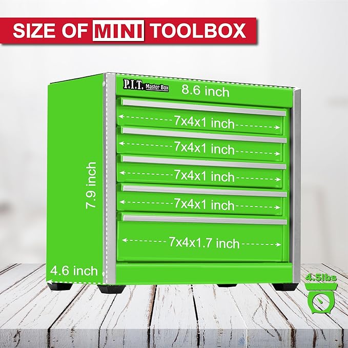 P.I.T. Mini Green Tool Box, Portable 5-Drawer Micro Roll Cab Steel Stackable Tool Box with Liner, Green Small Tool Case for Tools Storage and Organizers, Home DIY