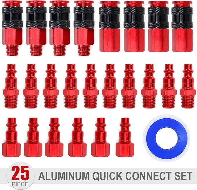 25 Pieces 1/4" NPT Air Coupler and Plug Kit, Quick Connect Air Fittings, Industrial Aluminum Quick Connect, Connector Set
