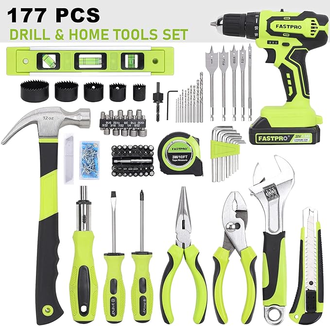 FASTPRO 177-Piece 20V Cordless Lithium-ion Drill Driver and Home Tool Set, Household Repairing Kit with in Storage Case, Green