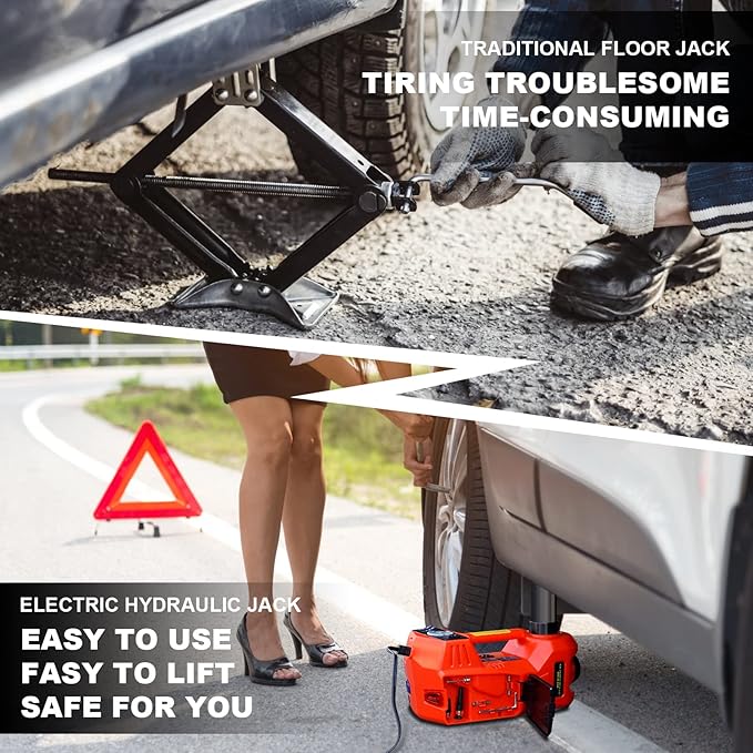 Electric Car Jack Kit, 5 Ton Hydraulic Car Jack with Electric Impact Wrench and Inflator Pump, 12V Portable Car Jack with LED Light for SUV MPV Sedan, Lifting Range 6 to 17.7 Inch (Red)
