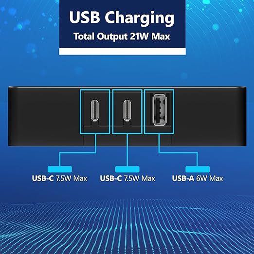 LIDER Outlet Extender with 6 Receptacles, USB-A and 2 USB-C, Ultra-Thin Flat-Plug with Cord Extender, 6-Outlet Power Strip, Slim Angled Design, Surge Protector, 480 Joules, 5ft Cord, Black