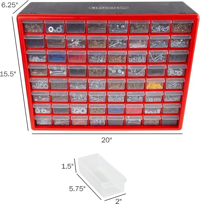 64-Drawer Storage Organizer - Plastic Drawers for Organization - Desktop or Wall-Mounted Container for Hardware, Tools, and Beads by Stalwart (Red)