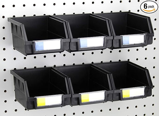 Pegboard Bins - 6 Pack Black Large - Hooks to Any Peg Board - Organize Hardware, Accessories, Attachments, Workbench, Garage Storage, Craft Room, Tool Shed, Hobby Supplies, Small Parts