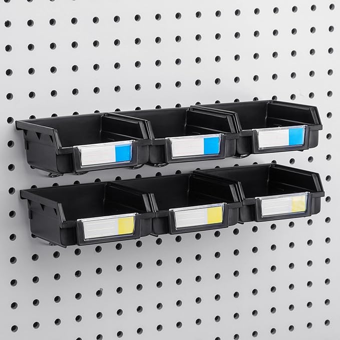 Pegboard Bins - 6 Pack Black - Hooks to Any Peg Board - Organize Hardware, Accessories, Attachments, Workbench, Garage Storage, Craft Room, Tool Shed, Hobby Supplies, Small Parts