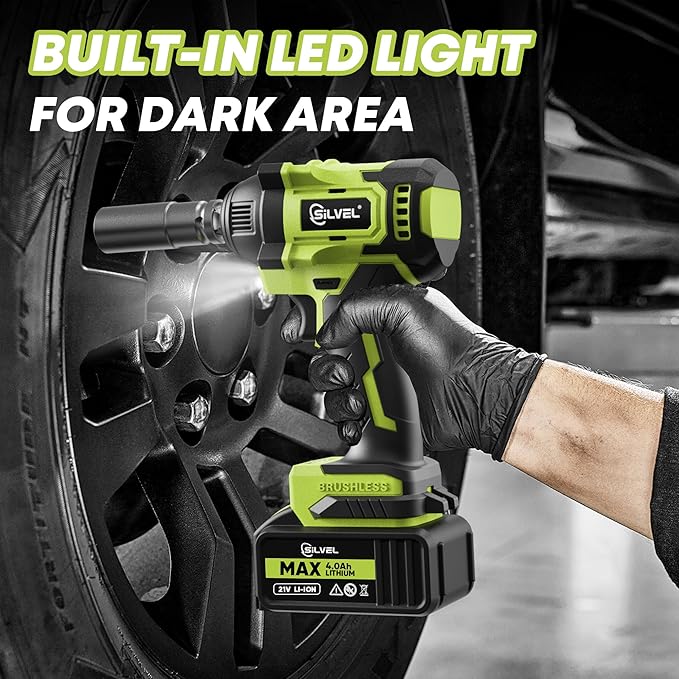 SILVEL Cordless Impact Wrench, MAX 500N.M Brushless Impact Gun 1/2 inch, 4.0Ah Battery, 6 Sockets, 3200RPM Impact Driver wih Fast Charger