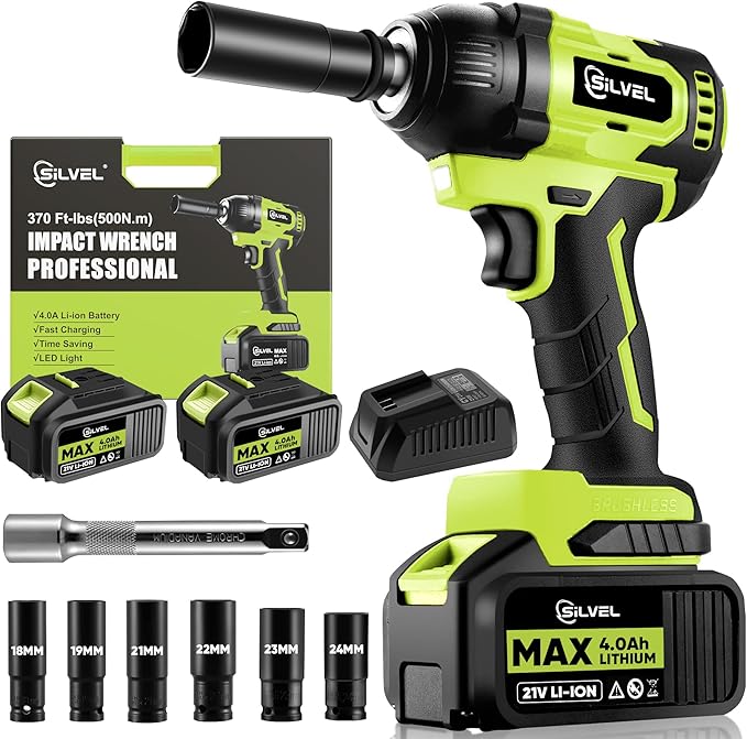 SILVEL Cordless Impact Wrench, MAX 500N.M Brushless Impact Gun 1/2 inch, 2 * 4.0Ah Battery, 6 Sockets, 3200RPM Impact Driver wih Fast Charger