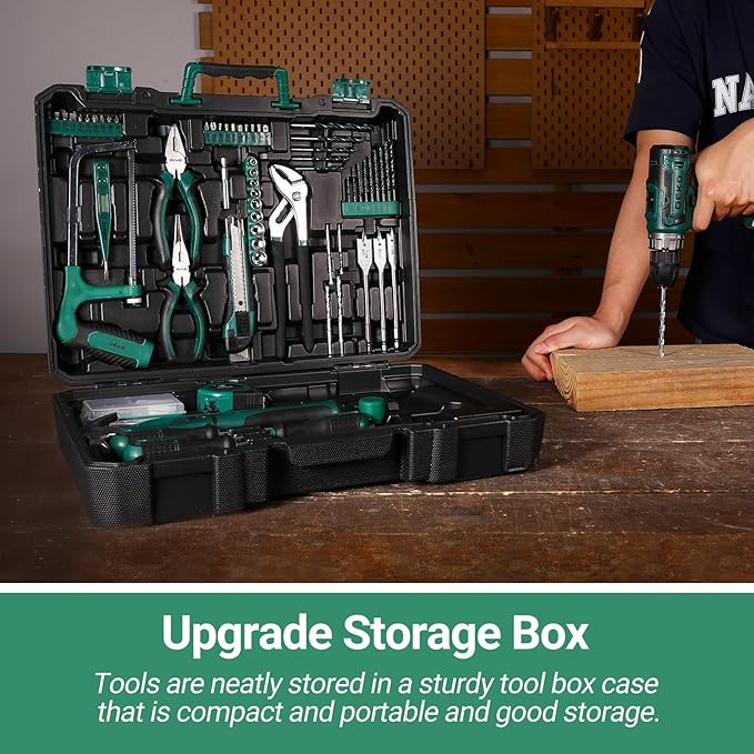 Drill Tool Kit Set: 20V Cordless Power Drill Tool Box with Battery Electric Drill Driver for Women and Men Home Hand Repair Basic Toolbox Tools Sets Drills Case (Green)