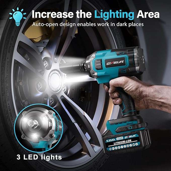 850N.m (640Ft-lbs) Brushless Impact Wrench, 1/2" Cordless Impact Gun w/ 2x 5.55Ah Battery, 2h Fast Charger & 6 Sockets, 3300RPM Power Impact Driver for Car/DIY Furniture/Lawn Mower