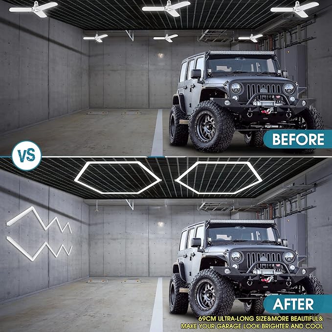 12-Pack LED Hexagon Garage Light: 12700LM Car Detailing Shop Light, DIY Splicing Ceiling & Wall Decor Lights, for Workshop Basement Gym Warehouse Bar Gaming Room (12-Packs)