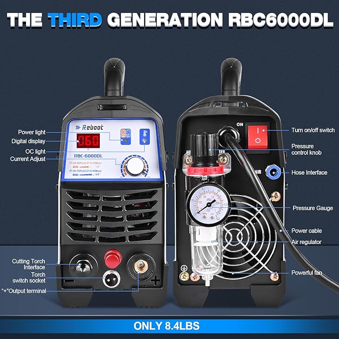 Reboot RBC6000DL Plasma Cutter, 60 Amp Non-Touch Pilot Arc Plasma Cutter Machine, 5/8 inch Clean Cut 4/5 inch Severance Cut, Dual Voltage 110/120V or 220/240V with Consumable Set Digital Display