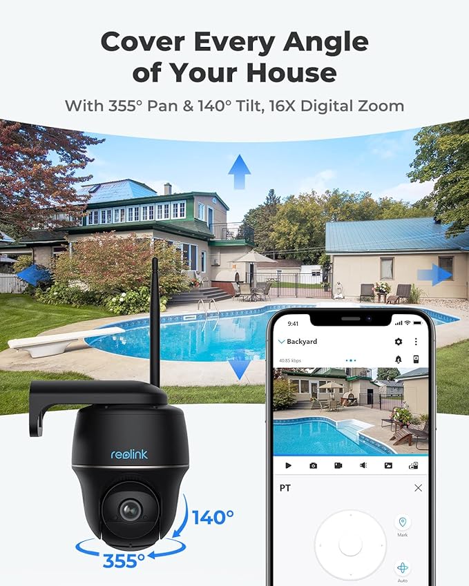 REOLINK 5MP Security Camera System Wireless Outdoor, Pan Tilt Battery Solar Cam with 2.4/5GHz Dual-Band WiFi, Smart Detection, Time Lapse, Home Hub Compatible, Argus PT + Solar Panel (Black)