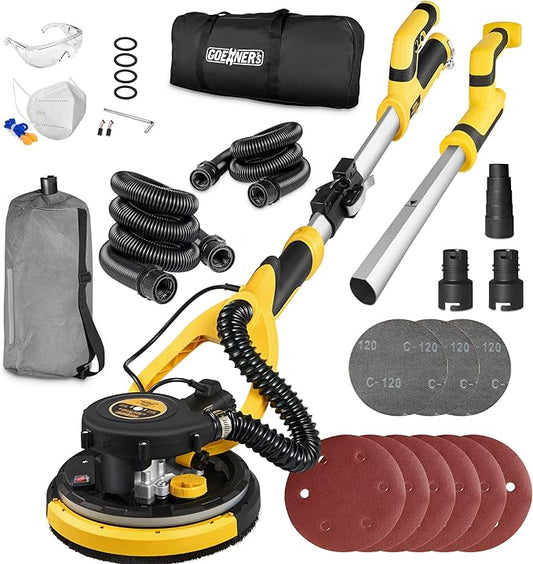 Drywall Sander, Electric Drywall Sander with Vacuum, 7 Variable Speed, 900-1800RPM, Labor-Saving Handle and Patented Fixture for Ceiling Sanding, LED Light, 14ft Dust Hose,26ft Power Cable,Storage Bag