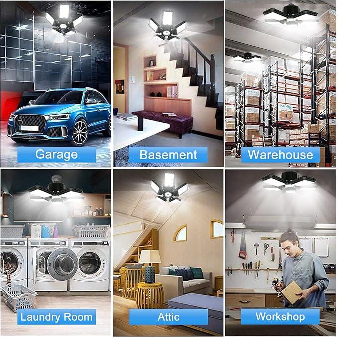 2Pack LED Garage Lights, 160W 16000LM LED Garage Ceiling Light 6500K LED Shop Light With 5+1 Deformable Panels, Screw in E26/E27 Socket LED Bulbs for Garage Basement Workshop Warehouse Barn Attic