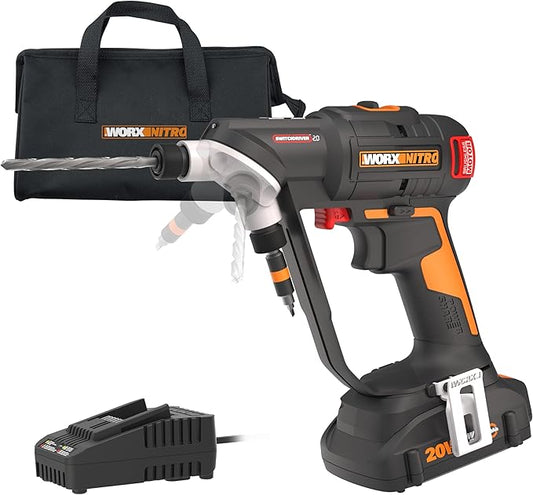 Worx Nitro 20V SwitchDriver 2.0, 2-in-1 Brushless Cordless Drill Driver, Drill Set Rotatable Dual 1/4" Chucks, Compact Cordless Drill with Digital Torque Setting WX177L – (Battery & Charger Included)