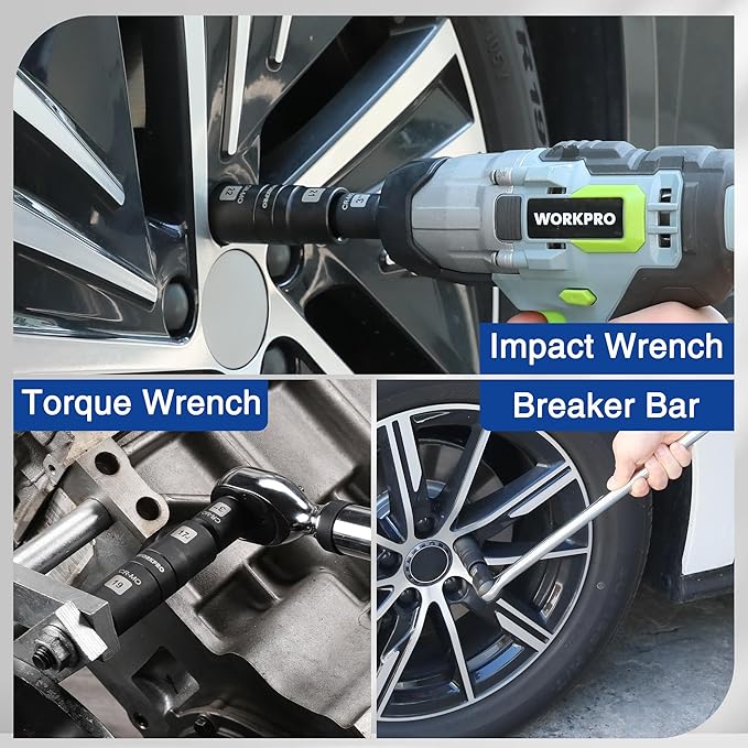 WORKPRO 5PCS Impact Socket Set 1/2" Drive, Lug Nut Socket Set, Wheel Socket Set Cr-Mo Steel, Includes 1PC 3" Extension Bar & 4PSC Flip Sockets of 6 Metric and SAE Sizes