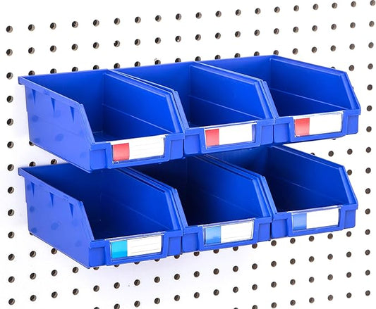 Pegboard Bins – 6 Pack Blue Extra Large - Hooks to Any Peg Board - Organize Hardware, Accessories, Attachments, Workbench, Garage Storage, Craft Room, Tool Shed, Hobby Supplies, Parts