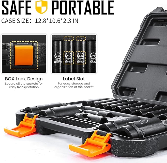 BOEN 19-Piece 1/2" Drive Deep Impact SAE Socket Set, 3/8"-1-1/4", Cr-V Steel, Extensions, Joint, Adapter - Meets ANSI