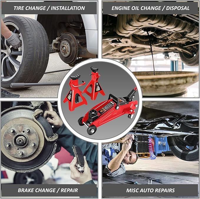 DNA MOTORING Low Profile Hydraulic Trolley Service/Floor Jack Combo with 2 Ratchet Jack Stands, 2 Ton (4000 lbs) Capacity,Red, TOOLS-00476-RD
