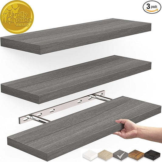 BAYKA Floating Shelves, Wall Mounted Rustic Wood Shelves for Bathroom, Bedroom, Living Room, Kitchen,Small Hanging Shelf for Books/Storage/Room Decor with 22lbs Capacity (Grey, Set of 3, 15.7in)