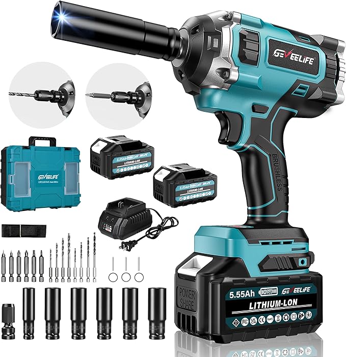 850N.m (3in1) Brushless Impact Wrench, 1/2" Cordless 640Ft-lbs Impact Gun w/ 2x 5.55Ah Battery, 2h Fast Charger & 6 Sockets, 3300RPM Power Impact Driver for Car/Home/Lawn Mower