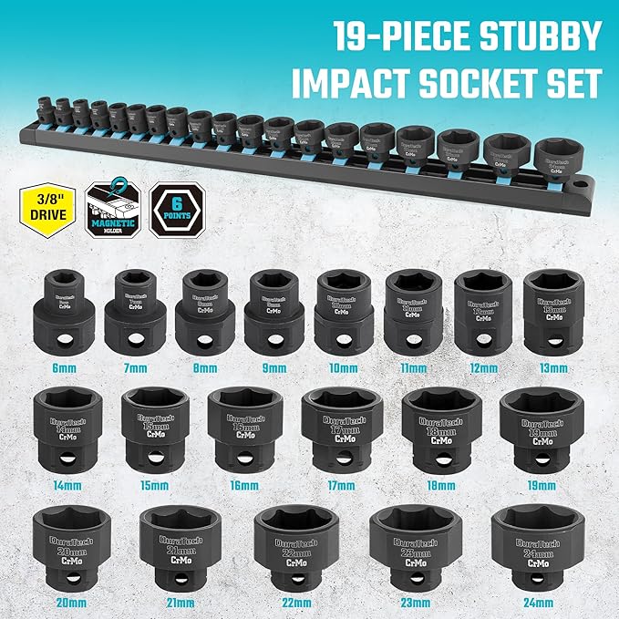 DURATECH 3/8" Drive Stubby Impact Socket Set, 19-Piece, Metric, 6-24mm, Cr-Mo Steel, Organized in Magnetic Storage Rail