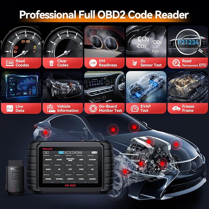 iCarsoft CR Max BT Wireless Bidirectional Scan Tool, 49+ Reset OBD2 Diagnostic Touchscreen Scanner, ECU Adaptation/Teach-in, All System, 4-in-1 Live Graphing, Lifetime Free Update