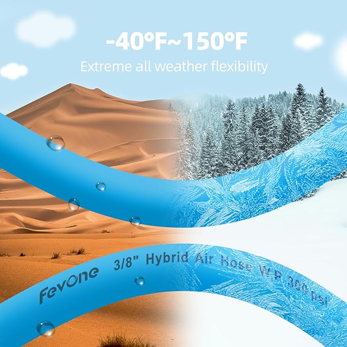 FEVONE 3/8'' x 50 ft Air Hose for Compressor, 2-Year Warranty 1/4'' MNPT Brass Fittings, 300PSI, Hybrid Polymer Pneumatic Air Tool Hose, Blue