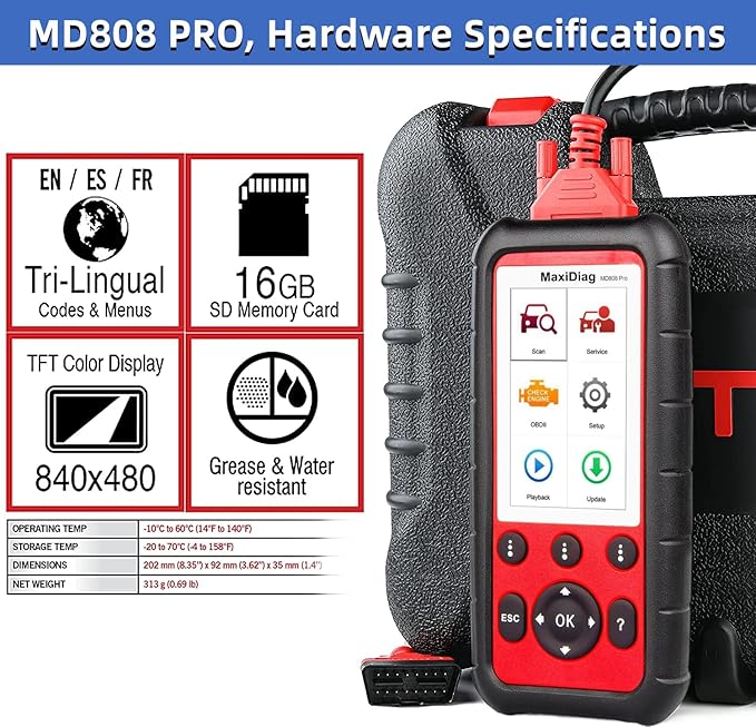 Autel OBD2 Scanner MaxiDiag MD808 Pro, All System Diagnostic Scan Tool, Upgraded of MaxiCheck Pro/ MD808/ MD806 Pro/ MD802, 7 Reset Service Oil/EPB/SAS/BMS/Throttle, Auto Scan, Lifetime Free Update