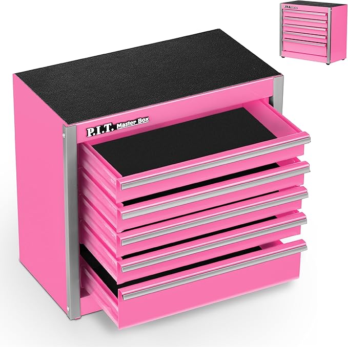 P.I.T. Mini Pink Tool Box, Portable 5-Drawer Micro Roll Cab Steel Stackable Tool Box with Liner, Pink Small Tool Case for Tools Storage and Organizers, Home DIY