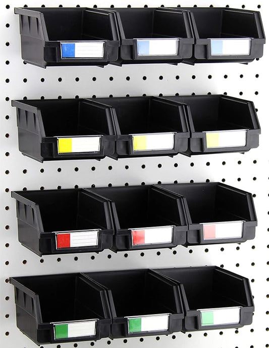 Pegboard Bins - 12 Pack Black Large - Hooks to Any Peg Board - Organize Hardware, Accessories, Attachments, Workbench, Garage Storage, Craft Room, Tool Shed, Hobby Supplies, Small Parts