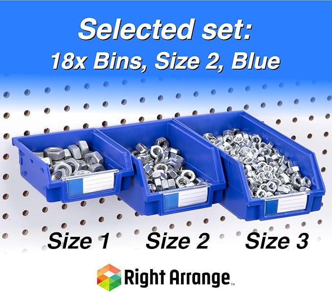 Pegboard Bins – 18 Pack Blue Large - Hooks to Any Peg Board - Organize Hardware, Accessories, Attachments, Workbench, Garage Storage, Craft Room, Tool Shed, Hobby Supplies, Small Parts