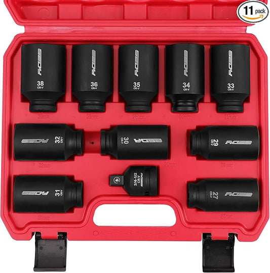 1/2 Drive Deep Impact Socket Set: 11-Piece Metric Size Wheel Axle Nut Wrench Metric Large Jumbo 27mm 29mm 30mm 31mm 32mm 33mm 34mm 35mm 36mm 38mm Spindle Joint High Torque Truck Bearing Locknut