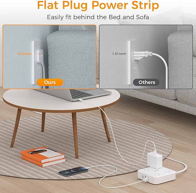 Long Flat Extension Cord 15 ft, TESSAN Surge Protector Power Strip 15 Feet with 4 Outlets 3 USB Ports (1 USB C), 3 Prong Flat Plug Charging Station with Surge Protection, Wall Mount Indoor Essentials