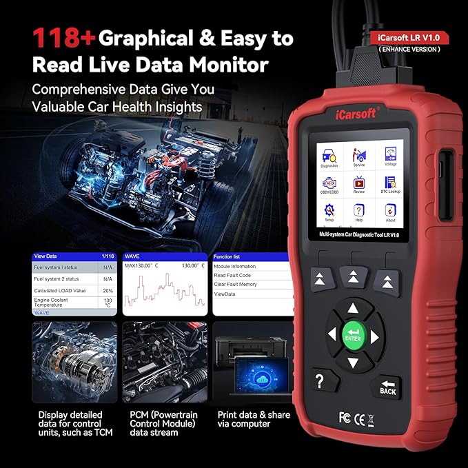 iCarsoft LR V1.0 for Land Rover/Jaguar OBD2 Scanner, All System Diagnostic Scan Tool Oil/SAS Reset Battery Test CAN Car Code Reader, ECU Coding, DTC Lookup, 118 Live Data, VIN, Freeze Frame