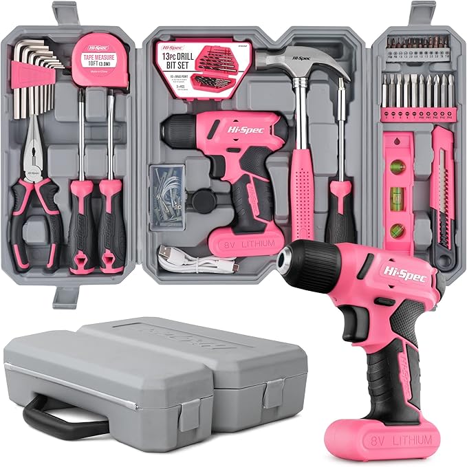 Hi-Spec Drill Set 58pc Pink Tool Set 8V USB Electric Drill Driver & Household Tool Kit. DIY Cordless Power Screwdriver