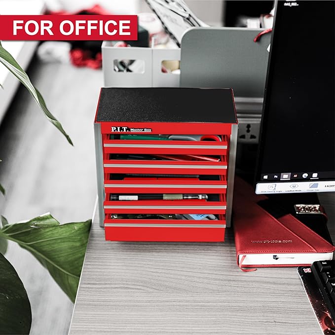 P.I.T. Mini Red Tool Box, Portable 5-Drawer Micro Roll Cab Steel Stackable Tool Box with Liner, Red Small Tool Case for Tools Storage and Organizers, Home DIY