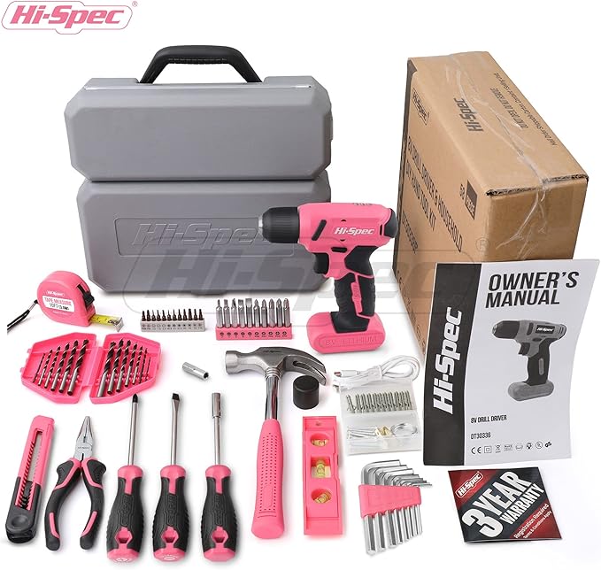 Hi-Spec Drill Set 58pc Pink Tool Set 8V USB Electric Drill Driver & Household Tool Kit. DIY Cordless Power Screwdriver