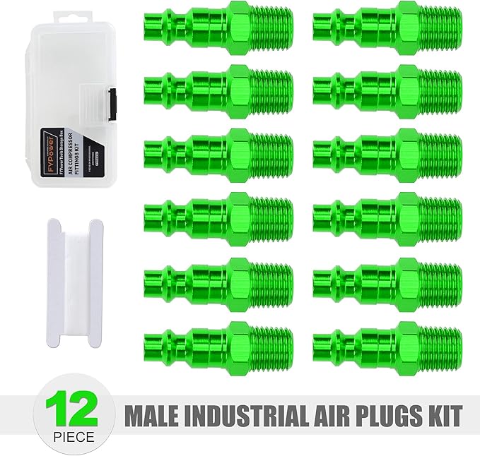 Air Hose Fittings, 12 Pieces I/M Industrial Type Air Plugs with 1/4" NPT Male Threads, Green