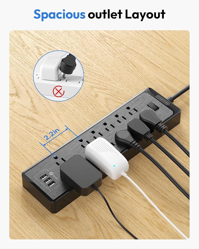 Flat Plug Extension Cord 25 Ft, NTONPOWER Surge Protector Power Strip with 12 Outlets(2 Widely Space) 3 USB, Overload Protection Switch, 2100 Joules, Wall Mount for Home Office and Workbench, Black