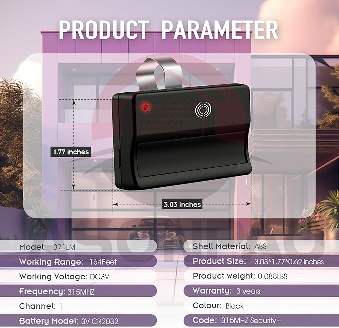 950CD 371LM 373LM 953CD Liftmaster Chamberlain Garage Door Opener Remote (for Purple Learn Button) 315MHZ Security+ 1-Button (2Pack) 3-Years-Warranty