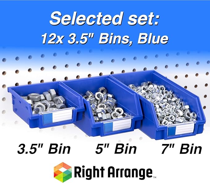 Pegboard Bins - 12 Pack Blue - Hooks to Any Peg Board - Organize Hardware, Accessories, Attachments, Workbench, Garage Storage, Craft Room, Tool Shed, Hobby Supplies, Small Parts