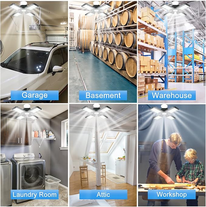 2-Pack LED Garage Light,150W Garage Lights Deformable LED Garage Ceiling Lights,15000LM Garage Lighting with 4 Adjustable Panels, E26/E27 LED Shop Lights for Garage, Basement, Workshop