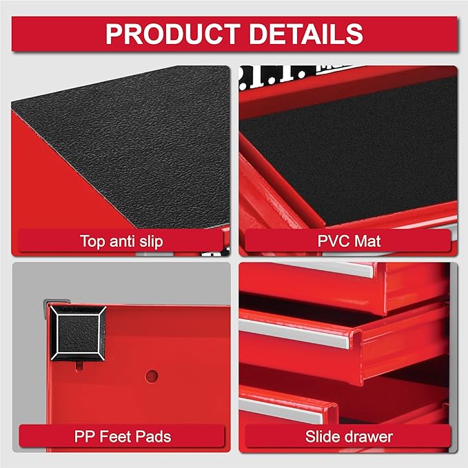 P.I.T. Mini Red Tool Box, Portable 5-Drawer Micro Roll Cab Steel Stackable Tool Box with Liner, Red Small Tool Case for Tools Storage and Organizers, Home DIY
