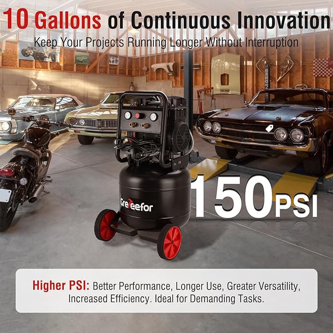 Air Compressor,10 Gallon Ultra Quiet Portable Compressor 70dB Max 150PSI Oil Free Air Compressor for Auto Repair/Tire Inflation/Spray Painting/Woodwork Nailing, Black