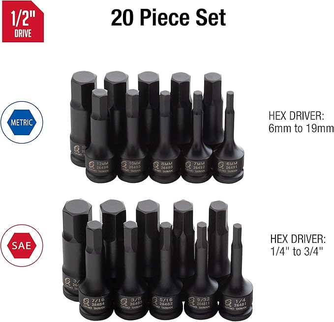 Sunex 1/2" & 3/8" Drive Impact Hex Driver Sets, 36 Pieces, SAE/Metric Sizes, Cr-Mo Steel, Dual Size Markings, Heavy Duty Storage Cases