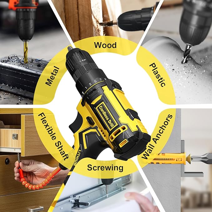 Cordless Drill, 20V Power Drill, Double 2000mAh Batteries Electric Drill, Cordless Drill with Battery and Charger, 3/8" Keyless Chuck Battery Drill with 25+1 Max 370 In-lb Torque, 42Pcs Drill Bits